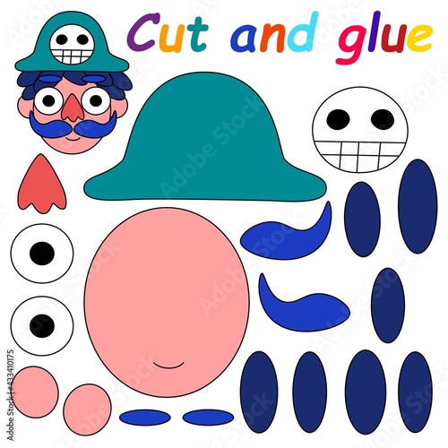 Cut and glue game for kids with funny cartoon pirate stock vector illustration. Educational papercraft pirate printable activity page for children. Hand-drawn cartoon character hand-made picture