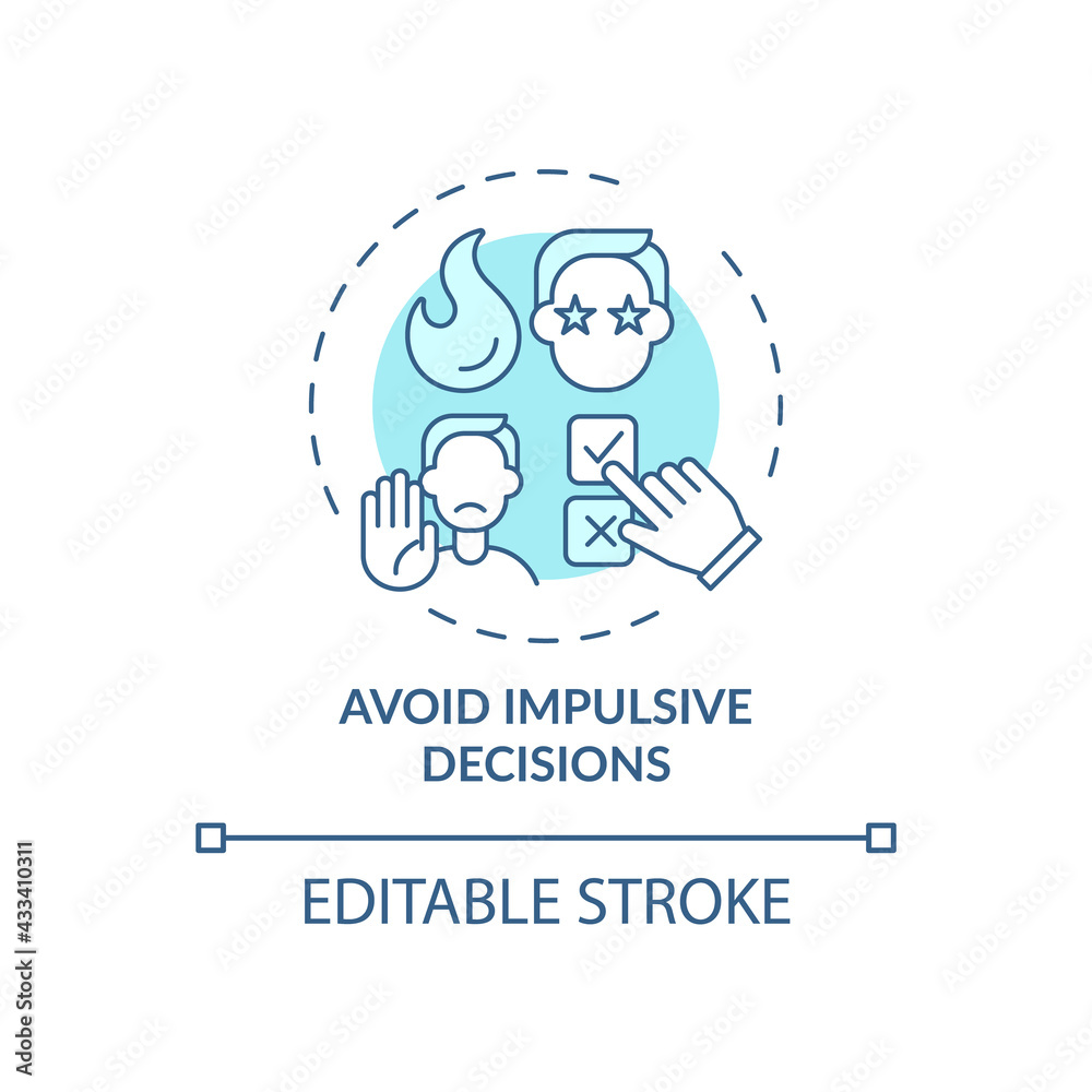 Avoid impulsive decisions blue concept icon. Personal growth and development. Self control improvement idea thin line illustration. Vector isolated outline RGB color drawing. Editable stroke Avoid impulsive decisions blue concept icon. Personal growth and development. Self control improvement idea thin line illustration. Vector isolated outline RGB color drawing. Editable stroke
