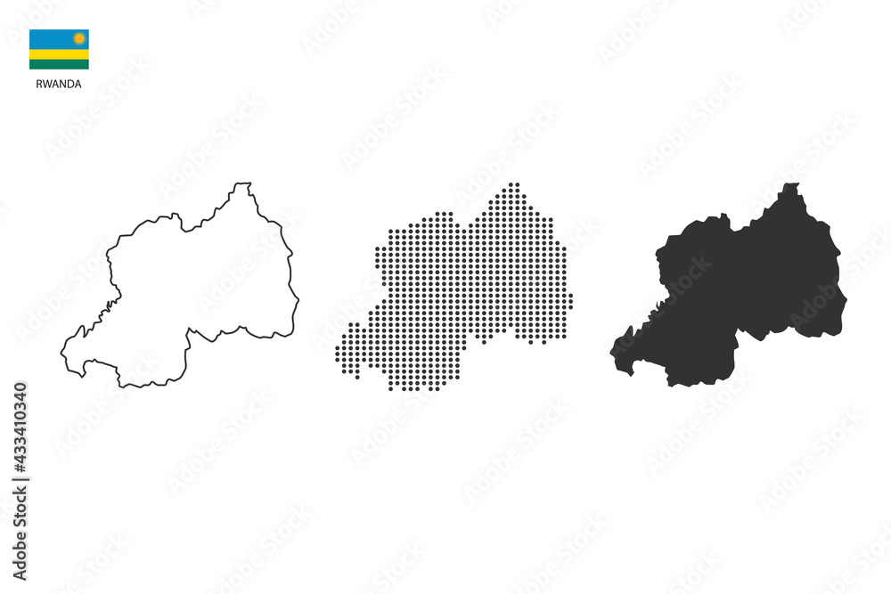 3 versions of Rwanda map city vector by thin black outline simplicity style, Black dot style and Dark shadow style. All in the white background.