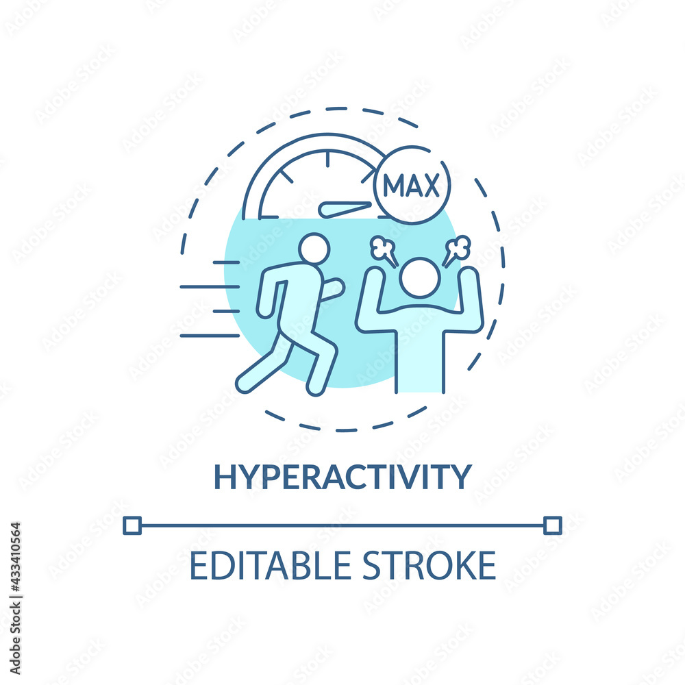 Hyperactivity blue concept icon. Attention deficit disorder. Problem with focusing. Self control issue idea thin line illustration. Vector isolated outline RGB color drawing. Editable stroke Hyperactivity blue concept icon. Attention deficit disorder. Problem with focusing. Self control issue idea thin line illustration. Vector isolated outline RGB color drawing. Editable stroke