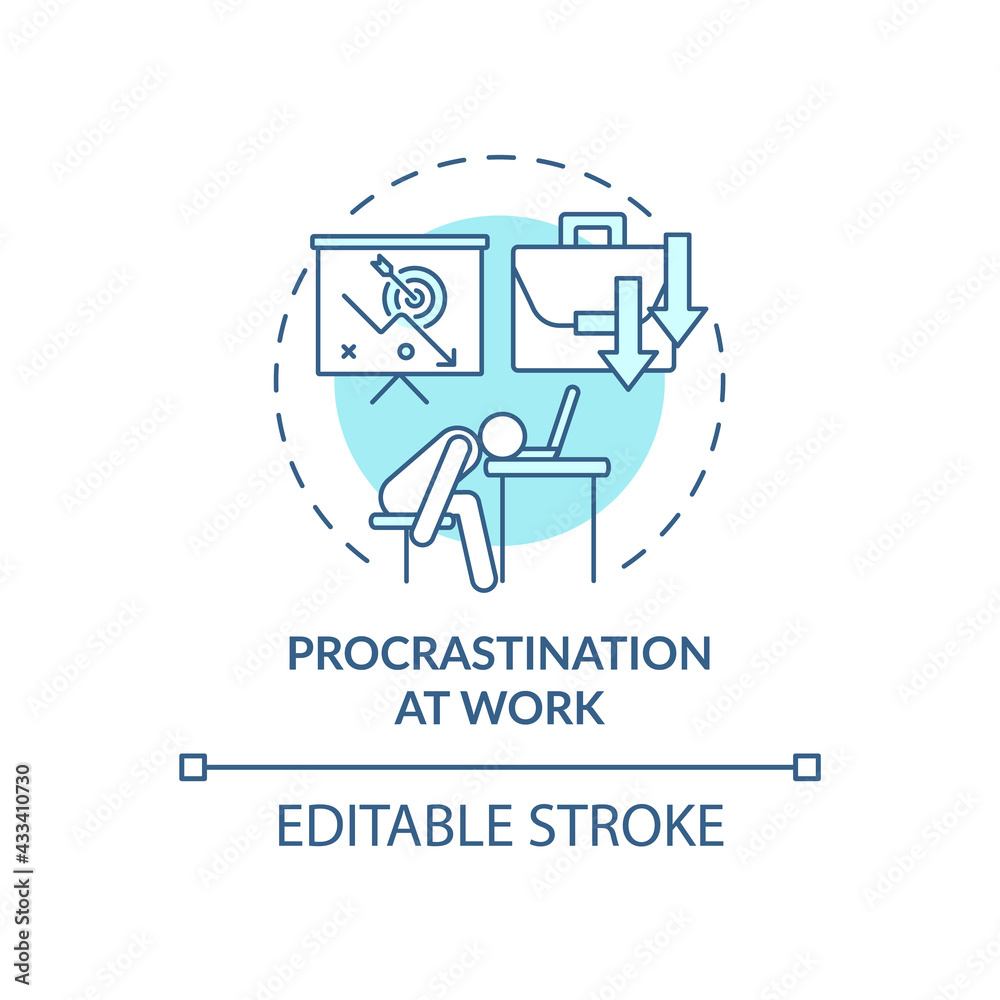 Procrastination at work blue concept icon. Burnout symptom. Overworked manager at workplace. Self control issue idea thin line illustration. Vector isolated outline RGB color drawing. Editable stroke Procrastination at work blue concept icon. Burnout symptom. Overworked manager at workplace. Self control issue idea thin line illustration. Vector isolated outline RGB color drawing. Editable stroke