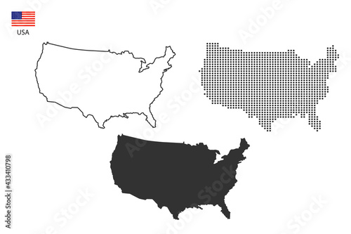 3 versions of USA map city vector by thin black outline simplicity style, Black dot style and Dark shadow style. All in the white background.