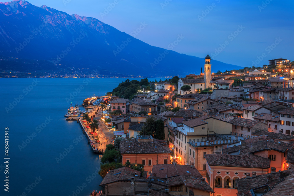 Downtown Limone Sul Garda in Italy at sunset in July