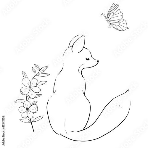 Line cute fox and floral. Vector illustration.