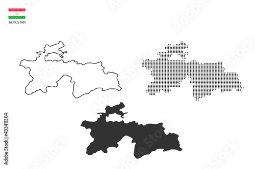 3 versions of Tajikistan map city vector by thin black outline simplicity style, Black dot style and Dark shadow style. All in the white background.