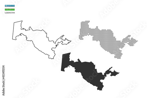 3 versions of Uzbekistan map city vector by thin black outline simplicity style, Black dot style and Dark shadow style. All in the white background.