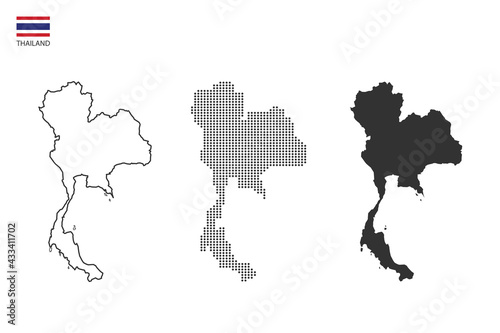 3 versions of Thailand map city vector by thin black outline simplicity style  Black dot style and Dark shadow style. All in the white background.