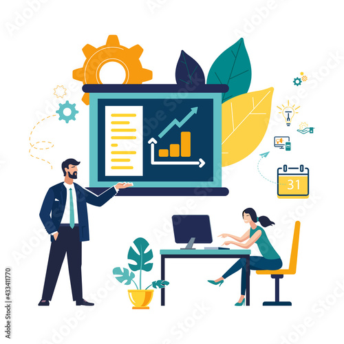 Vector illustration. Business group of people characters pondering an idea. Prepare to launch a business project. Career advancement, flat color icons, analysis. Build business online, screen, website