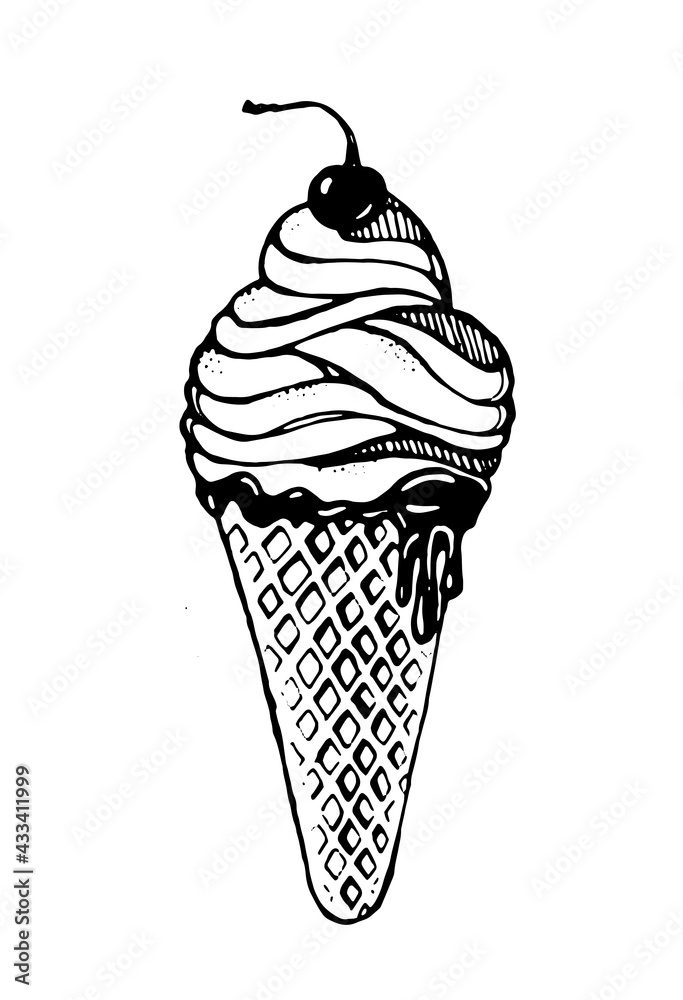 ice cream in a waffle cone with a cherry. Black vector on a white background