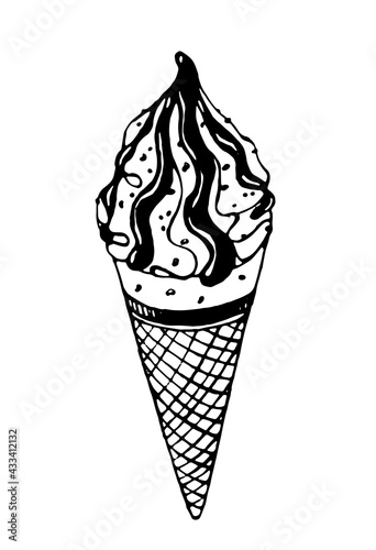 ice cream in a waffle cone with chocolate icing or jam. Black vector on a white background