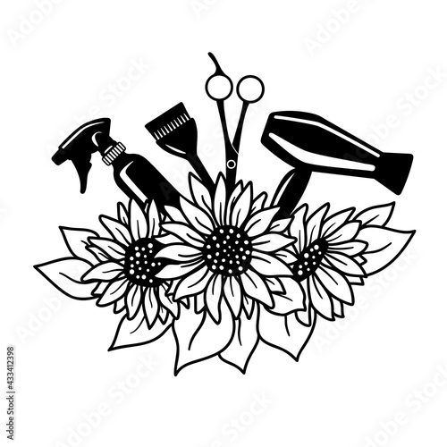 Hairdresser tools with a bouquet of sunflower flowers. Logo for the salon. Vector illustration for stylist.