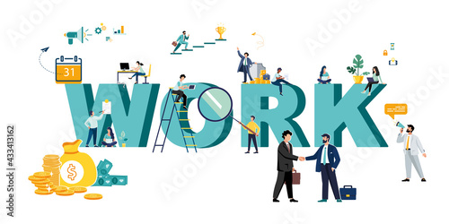 Work search  hiring  working group  freelance  web graphic design. Work. Handshake of two business people. Compromise. Signing business documents. Investor and money. Business team.Vector illustration