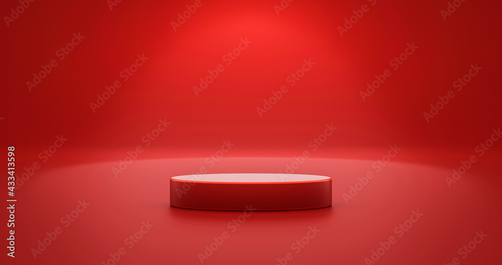 Obraz premium Red product background stand or podium pedestal on empty display with blank backdrops. 3D rendering.