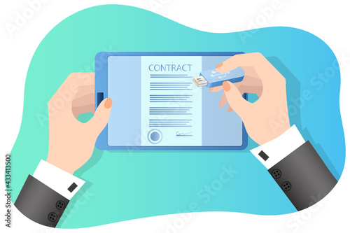 Digital signature.Electronic document, digital signature using a flash drive.Digital confirmation of a transaction or contract .3d image.Isometric vector illustration.