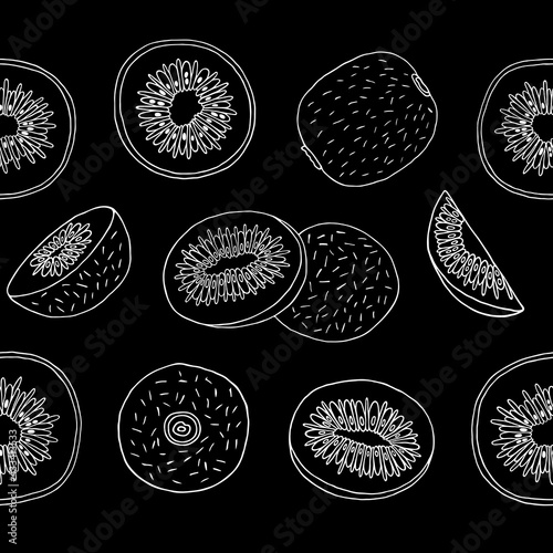 Vector seamless illustration with kiwi fruits on a black background. Outline drawing.