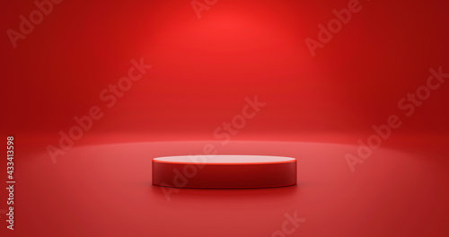 Red product background stand or podium pedestal on empty display with blank backdrops. 3D rendering.