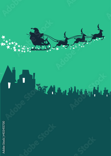 Santa Claus silhouette with reindeer riding in the sky above a city