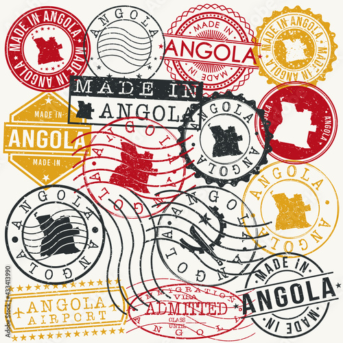 Angola Set of Stamps. Travel Passport Stamps. Made In Product. Design Seals in Old Style Insignia. Icon Clip Art Vector Collection.