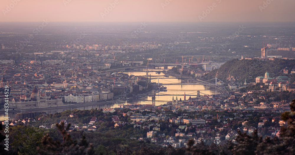 View of Budapest with the River Danube and Bridges at dawn from Hármashatárhegy