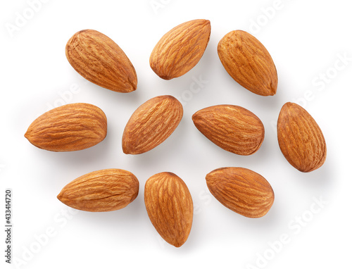 Almonds isolated. Almond set on white background. Almond background top view. Full depth of field.
