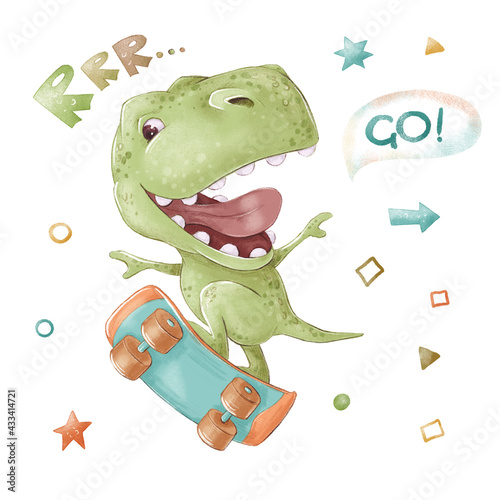 Set of cute cartoon dinosaur on a skateboard
