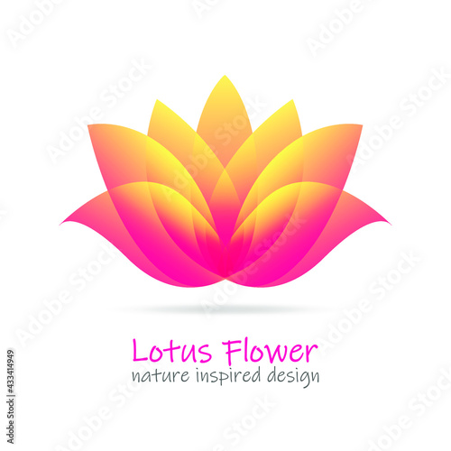 Lotus flower logo with overlapping yellow-orange gradient petals. Vector label for wellness industry, spa center, beauty salon. Floral isolated symbol on white background.