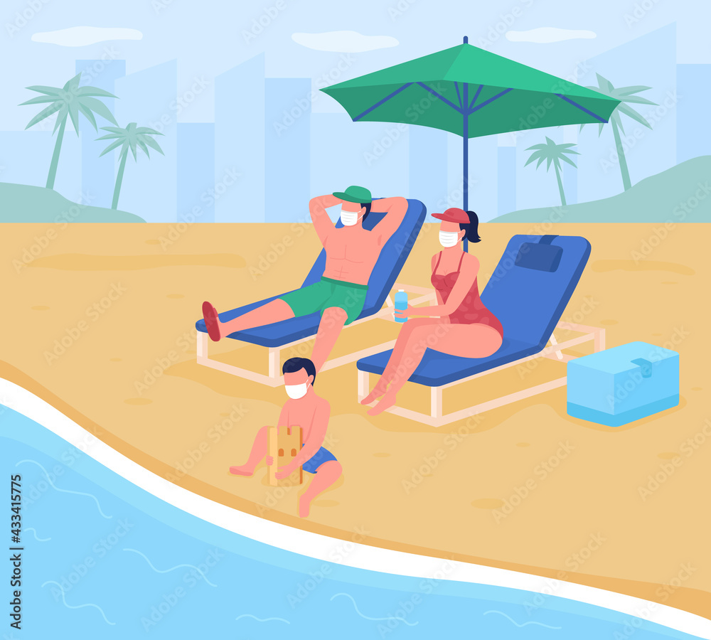 Beach vacation with new safety standards flat color vector illustration. Family wearing masks sunbathing. Island and beach destinations 2D cartoon faceless characters with sand beach on background