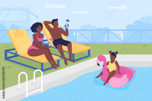 Beach resort for family flat color vector illustration. Age-appropriate activities for parents and kids. Warm weather vacation 2D cartoon faceless characters with backyard swimming pool on background