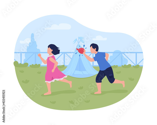 Throwing water balloons 2D vector web banner, poster. Outdoor game for kids flat characters on cartoon background. Water fight. Happy holi festival printable patch, colorful web element