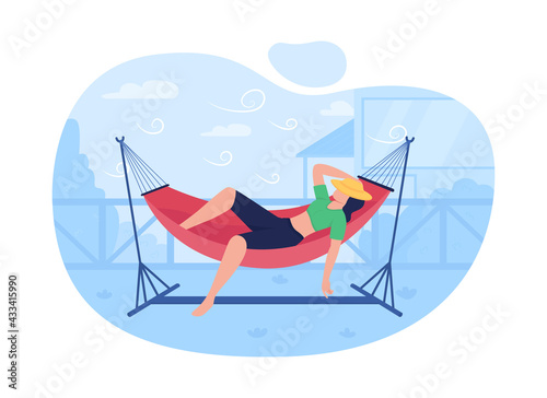 Sleeping in hammock 2D vector web banner, poster. Camping. Enjoying free time in hanging bed flat character on cartoon background. Girl resting outdoors printable patch, colorful web element #433415990