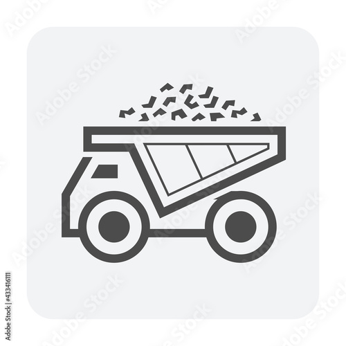 Haul truck vector icon. Heavy machinery or vehicle with tractor and dumper for transport ore, coal, rock and stone from mine or quarry to industrial factory plant. That metallurgy and mining industry.