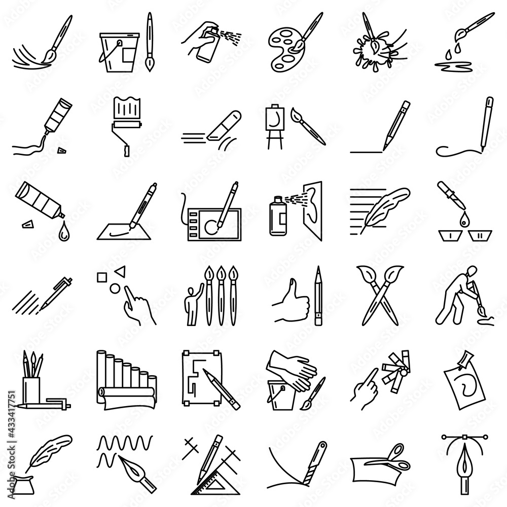 Drawing tools, painter brushes, pencil, liner, ballpoint pen, marker, computer graphics. Set of