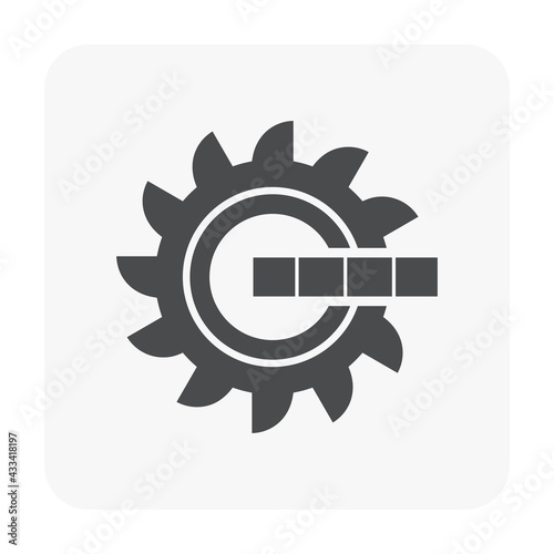 Excavator wheel bucket vector icon. Giant digger or big machine equipment with power and technology for spinning, digging to scoop material i.e. coal, lignite, ore in mine, quarry or mining industry.