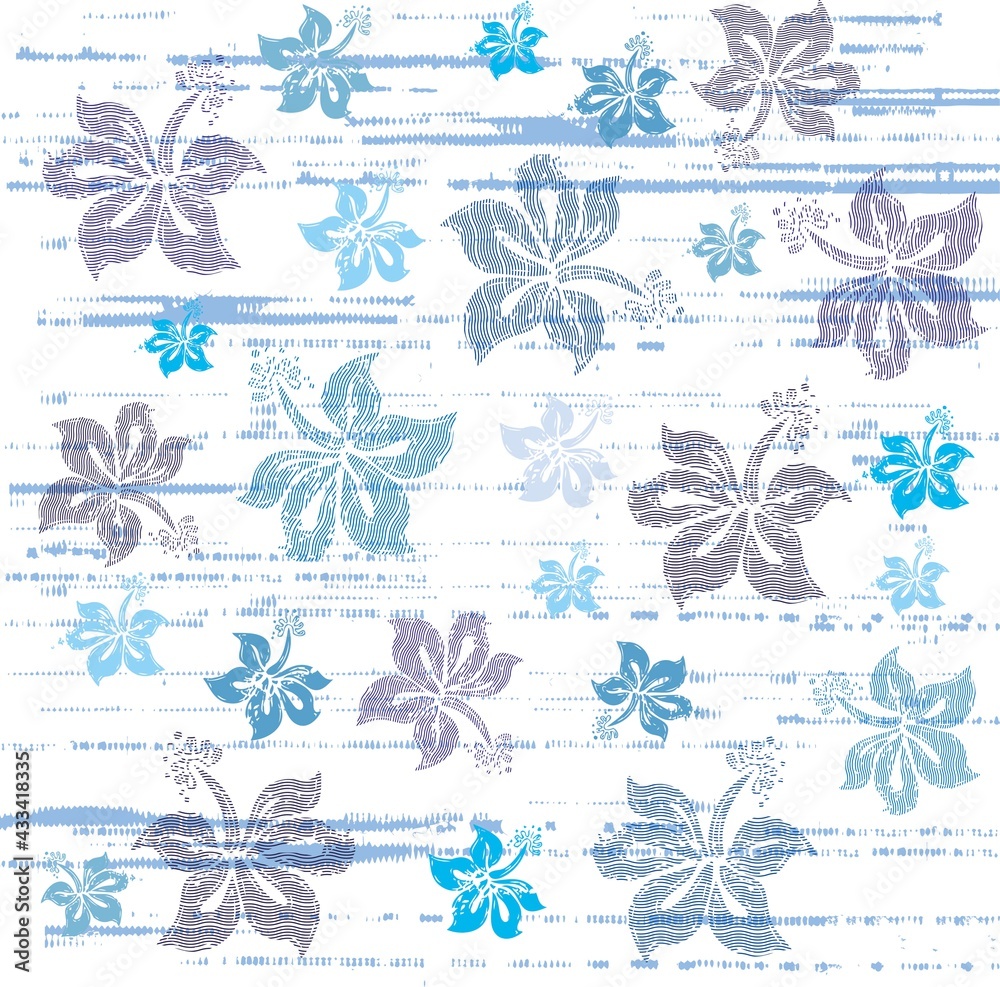 Fototapeta premium Hibiscus flowers composition with blue geometric stripes background