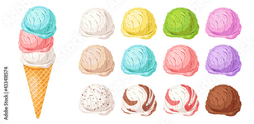 Ice cream constructor.Different colorful scoops and waffle cone for create your own.Set of various flavors: vanilla, strawberry, chocolate.Tasty summer dessert vector illustration.