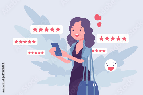 Customer experience positive review, rating to product, service or business. Woman, happy client, user giving five star opinion via smartphone app, nice report. Vector flat style cartoon illustration