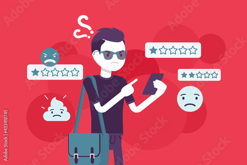 Customer experience negative review, rating to product, service or business. Man, unhappy client, user giving worst star opinion via smartphone app, bad report. Vector flat style cartoon illustration