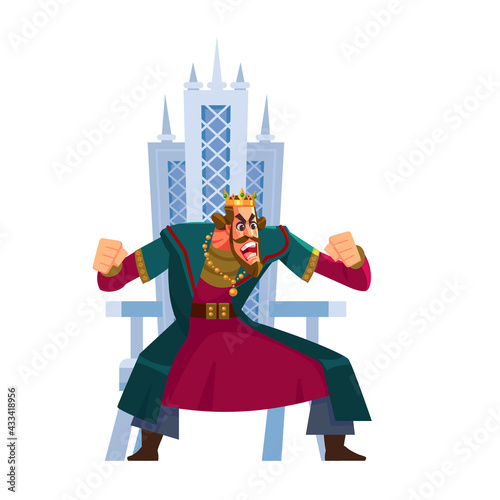 Angry king shouting character sits on the throne. Anger emotion, in rage, emoji, emoticon. Tyrant, Emperor, Monarch, ruler, medieval king. Cartoon Flat style vector illustration.