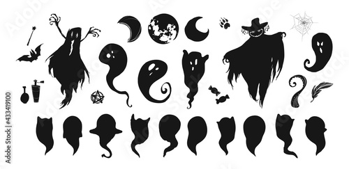 Happy Halloween Magic collection, witch, wizard attributes, creepy and spooky elements for halloween decorations, doodle silhouettes, sketch, icon, sticker. Hand drawn vector illustration.