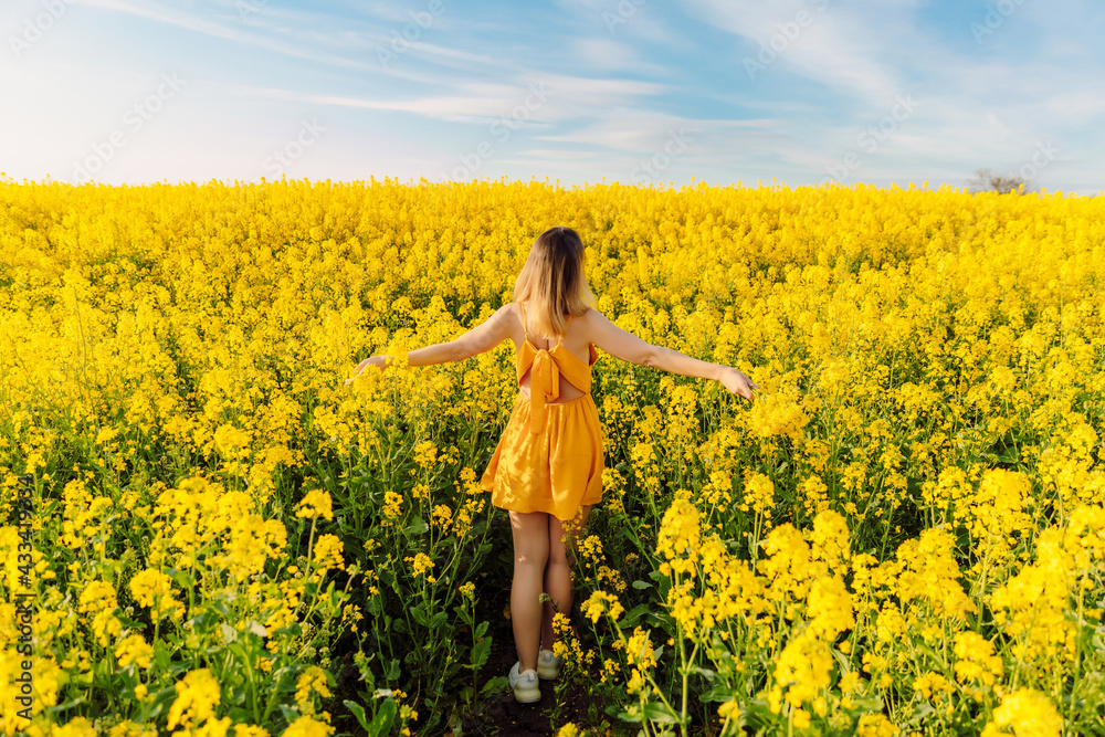 Attractive woman in blooming rapeseed field with sunset light. Yellow flowers and happy woman Attractive woman in blooming rapeseed field with sunset light. Yellow flowers and happy woman