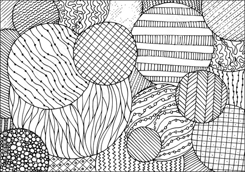 Doodle surreal fantasy circles coloring page for adults. Fantastic graphic artwork. Hand drawn simple illustration.