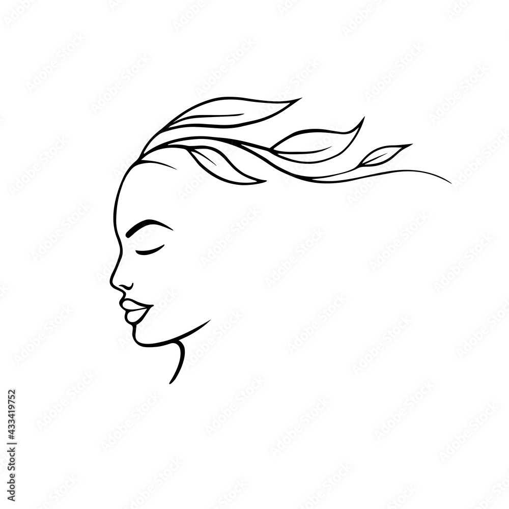 beautiful female face, decorated with leaves and curls beautiful female face, decorated with leaves and curls