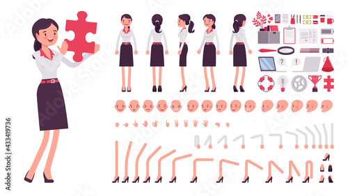 Businesswoman, smart office worker construction set. Manager, administrative person, corporate employee dress code and business objects. Cartoon flat style infographic illustration, different emotions