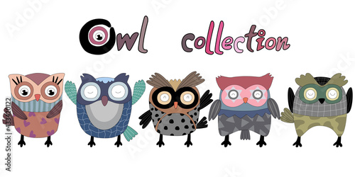 A collection of colorful owls, doodle style designs that can be applied to a wide variety of applications such as stickers, digital printing, digital paper, fabric print, pocket pattern, shirt pattern photo