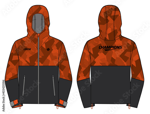 Long sleeve Hoodie jacket terrain shell design template in vector, Hooded jacket sweater with front and back view, hooded winter jacket for Men and women. for training, Running and workout in winter