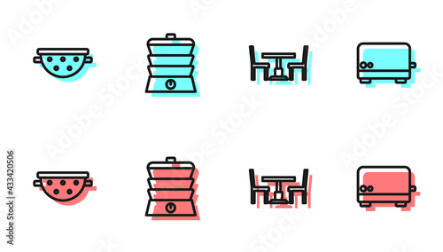 Set line Wooden table with chair, Kitchen colander, Slow cooker and Toaster icon. Vector