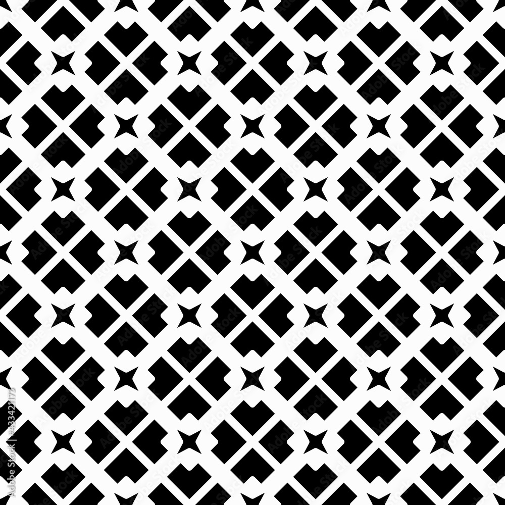 Black screws and diagonal shape. Vector and monochrome seamless ornament with lines and four rays stars like screws. Black screws and diagonal shape. Vector and monochrome seamless ornament with lines and four rays stars like screws.