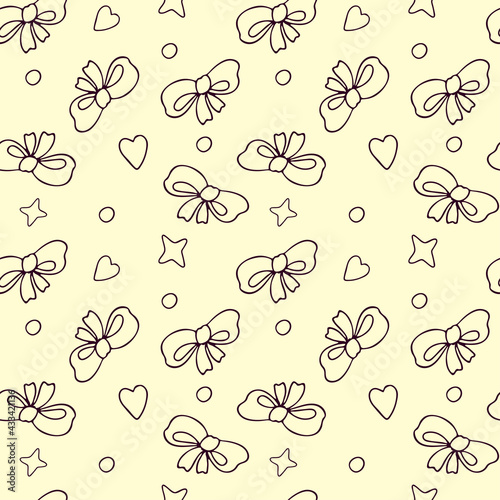 Endless pattern with bows, hearts and stars. Festive design. Vector illustration in outline style. Simple doodles.