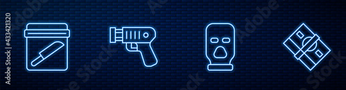 Set line Balaclava, Evidence bag with knife, Police electric shocker and Stacks paper money cash. Glowing neon icon on brick wall. Vector