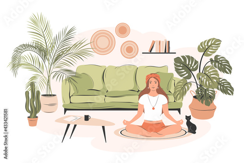 Woman sitting in her room or apartment, practicing yoga and enjoying meditation. Concept illustration for yoga, meditation, relax, recreation, healthy lifestyle, stay home.  Flat vector illustration.